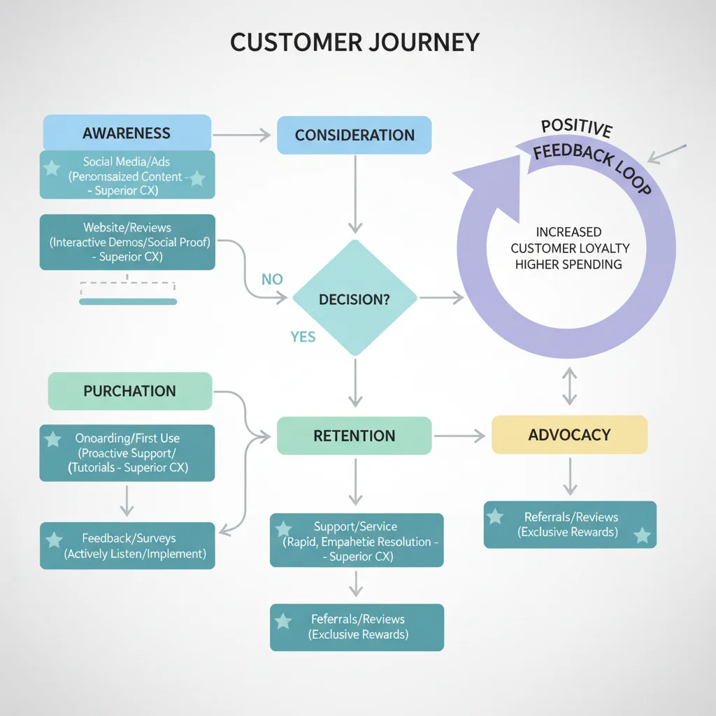 Customer journey map showcasing touchpoints for superior customer experience implementation.