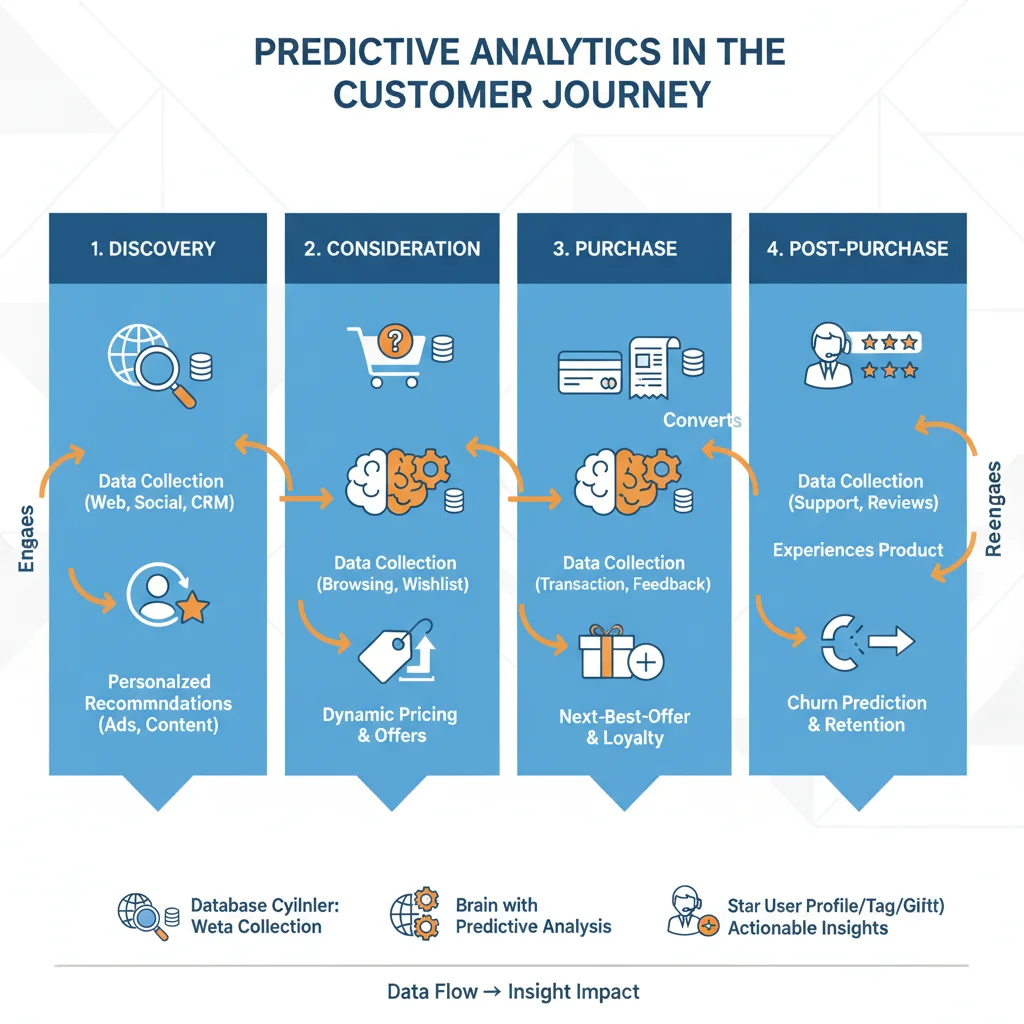 Infographic showing predictive analytics integration across the e-commerce customer journey.