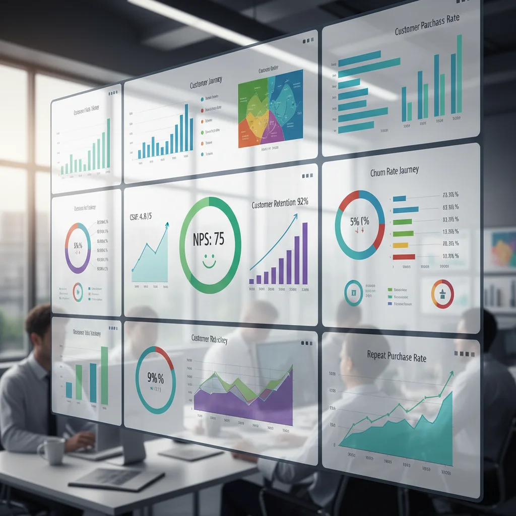 Data analytics dashboard showing customer satisfaction KPIs like NPS and CSAT.