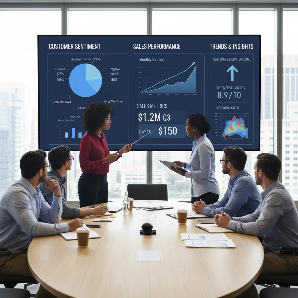 Business team analyzing customer data and sales metrics to improve CX and AOV.