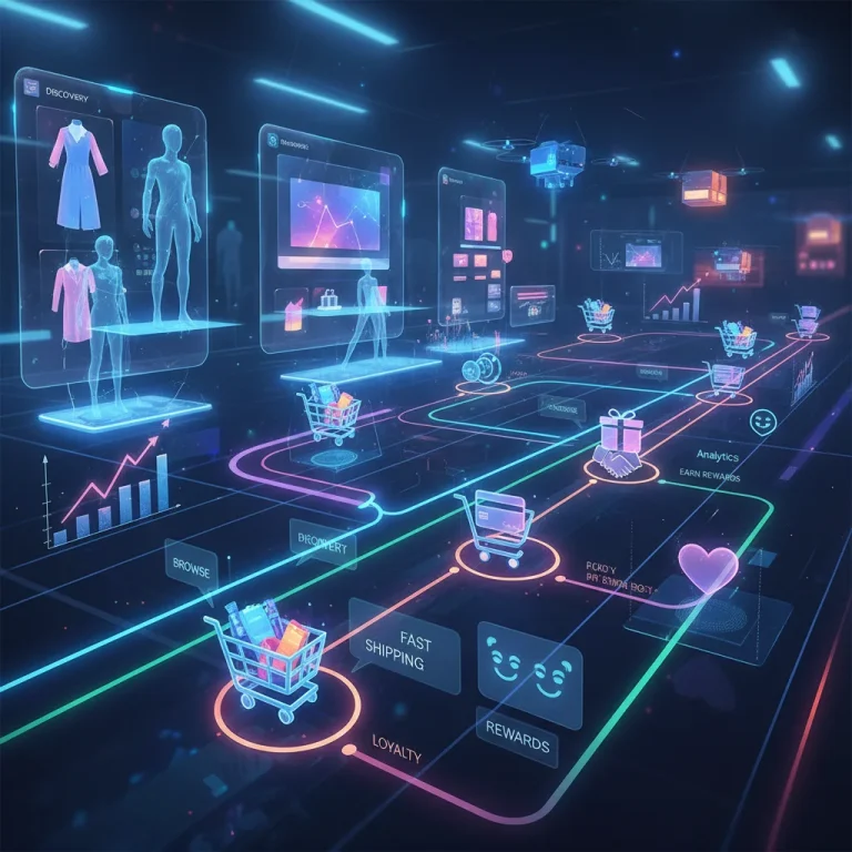 Detailed customer journey map with digital touchpoints and analytics, symbolizing e-commerce success.