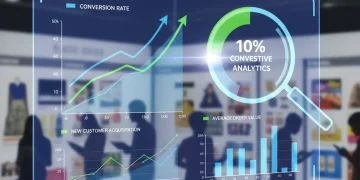 Digital dashboard showing e-commerce growth with predictive analytics insights and a 10% conversion lift.