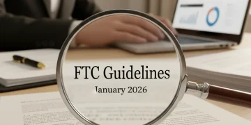 FTC Guidelines 2026 document with magnifying glass