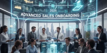 Futuristic sales team collaborating with advanced technology for optimized onboarding.