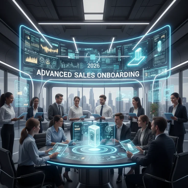 Futuristic sales team collaborating with advanced technology for optimized onboarding.