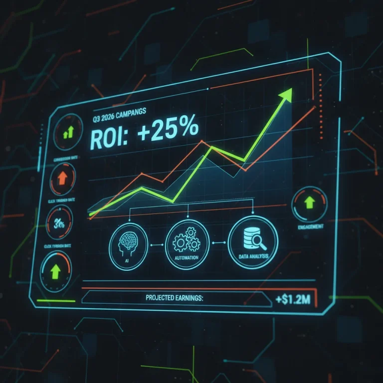 Digital dashboard showing marketing automation success and increased ROI.