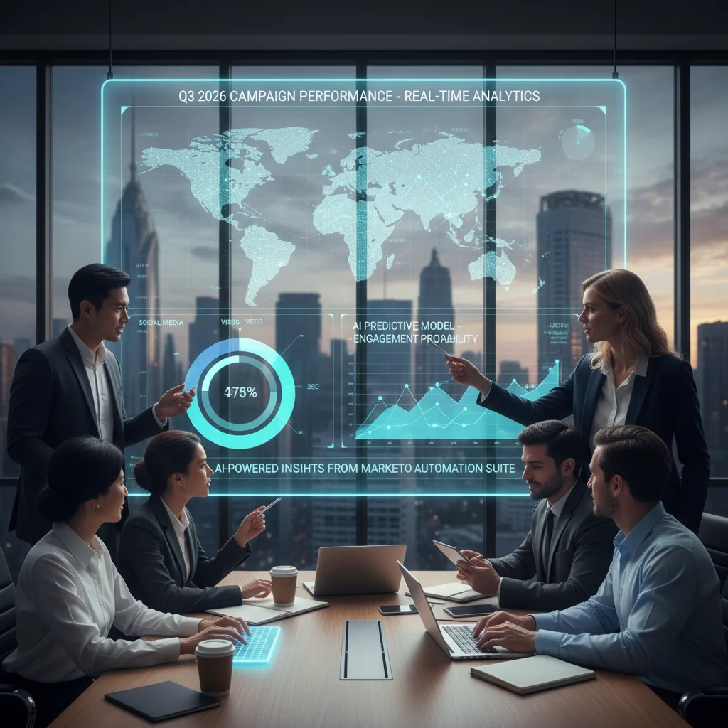 Marketing team analyzing real-time data and AI predictions for Q3 campaigns.
