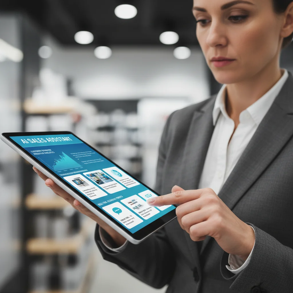 Salesperson using AI-driven insights on a tablet for enhanced customer engagement.