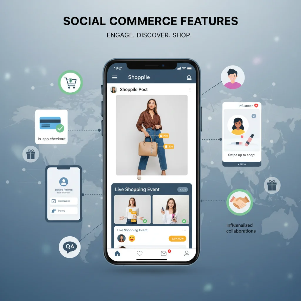 Diverse social commerce features and functionalities for engaging online shoppers.