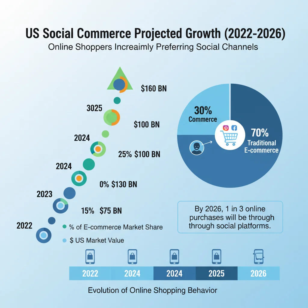 Projected growth of social commerce in the US by 2026, showing a clear upward trend.