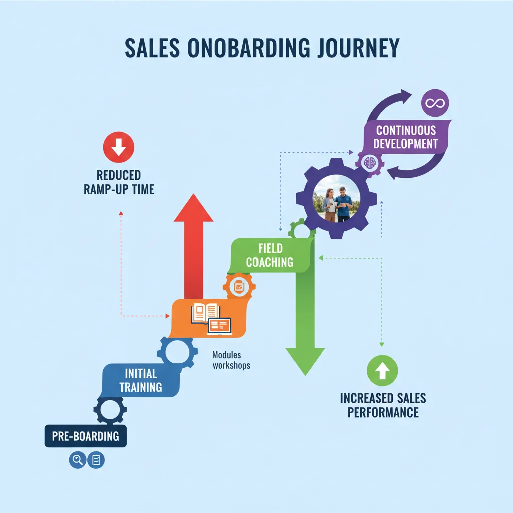 Infographic showing a structured sales onboarding journey with key milestones.