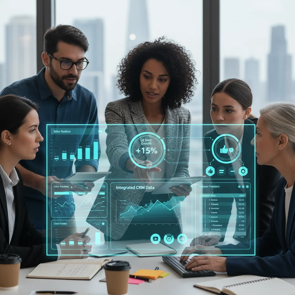 Business team analyzing integrated CRM data on a dashboard, making data-driven decisions.
