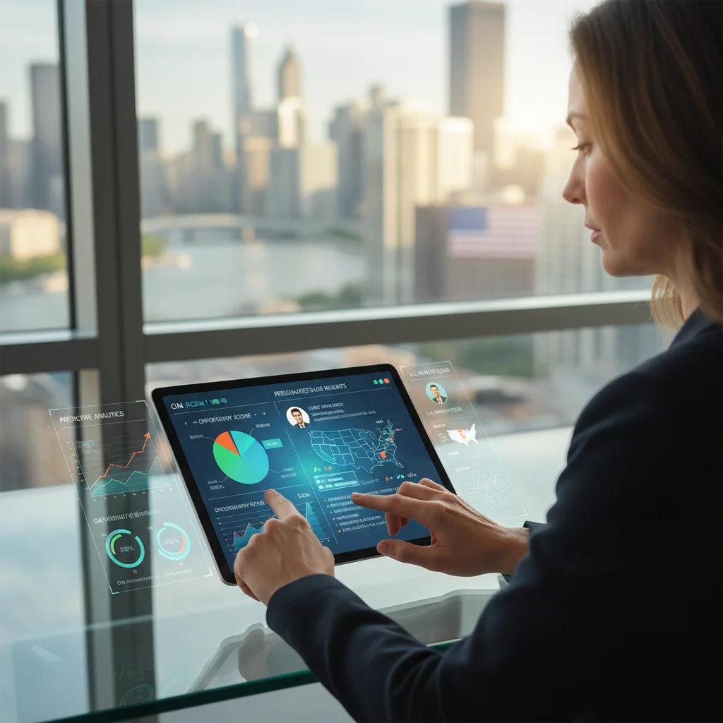Sales manager leveraging AI-powered CRM for predictive analytics and personalized insights.