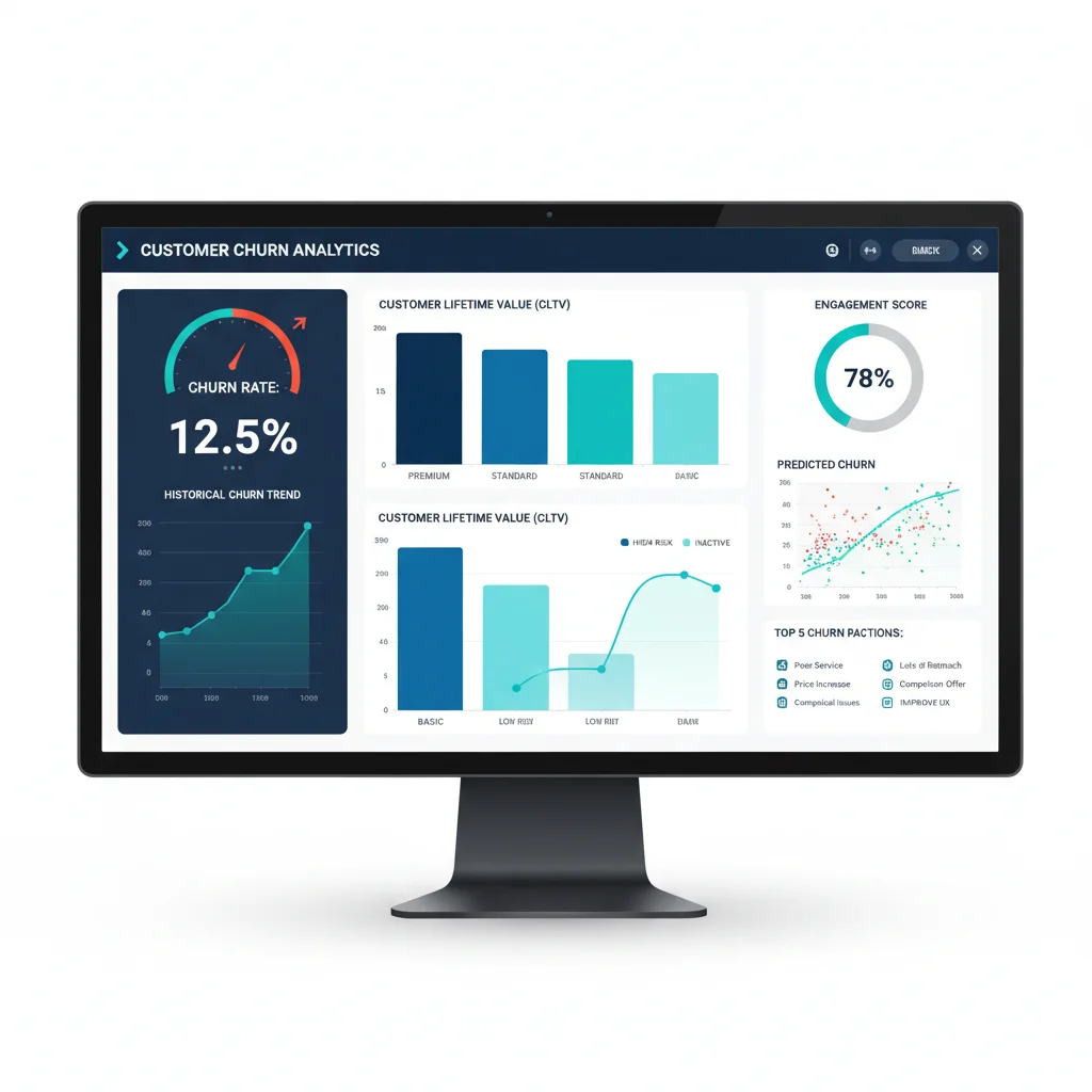 Data analytics dashboard showing key churn metrics, customer lifetime value, and engagement scores for predictive analysis.