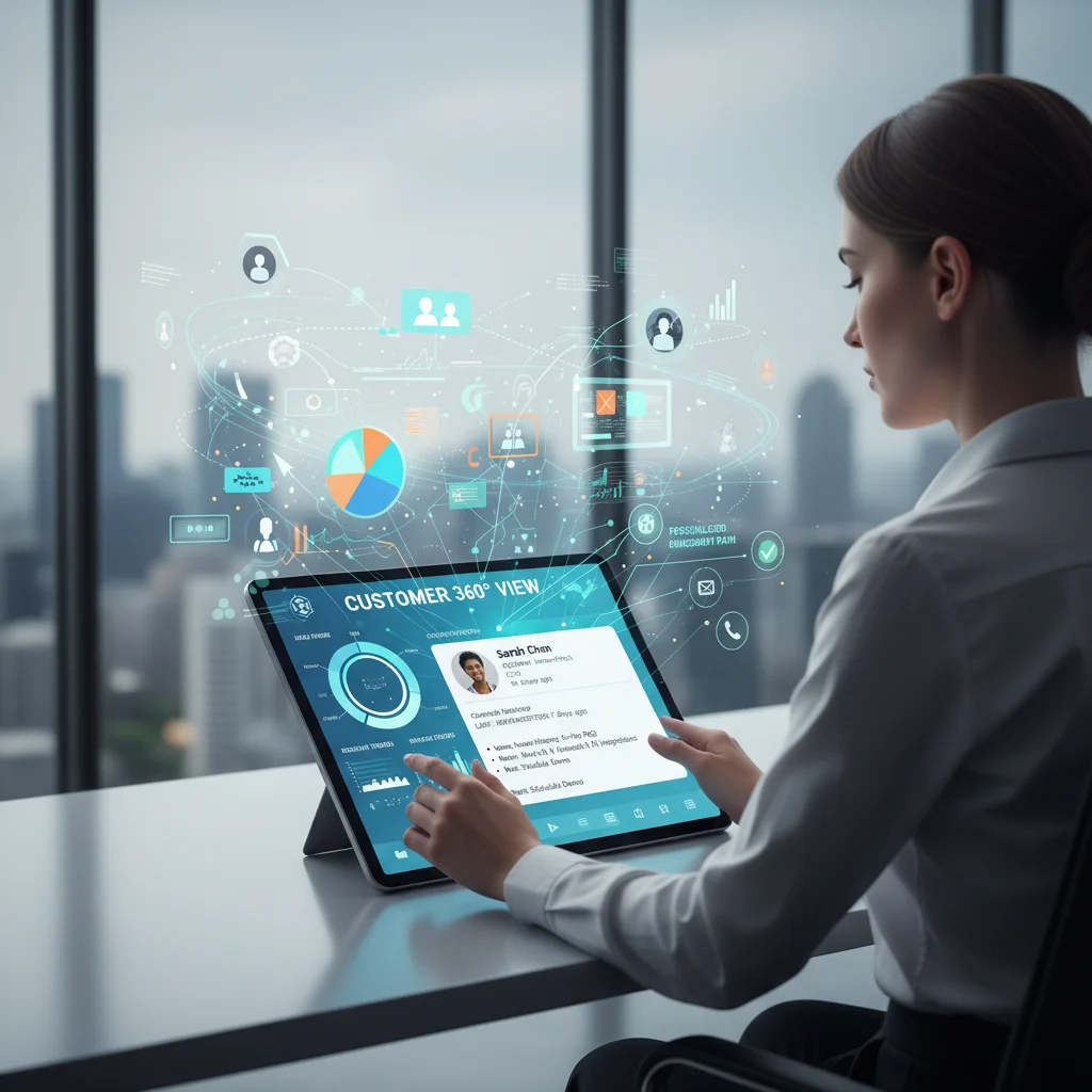 Sales professional using CRM for personalized customer engagement and data analysis.