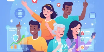 Illustration of happy customers engaging with personalized digital experiences, symbolizing successful churn reduction.