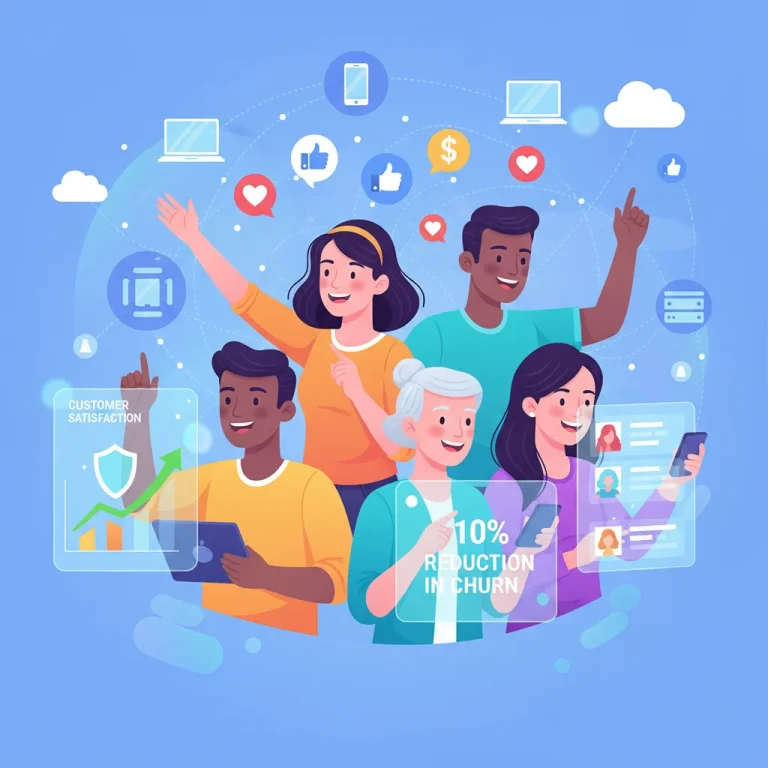 Illustration of happy customers engaging with personalized digital experiences, symbolizing successful churn reduction.