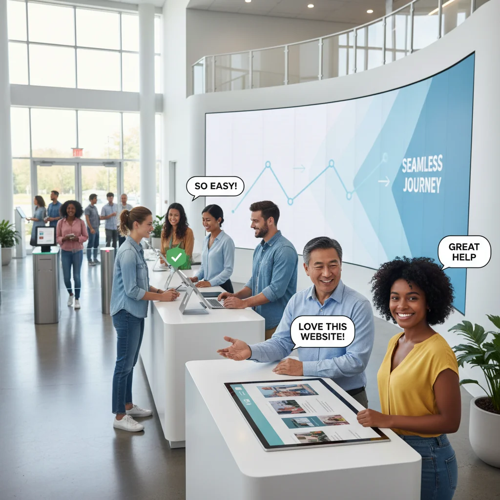 Diverse US customers engaging with digital and physical touchpoints, providing positive feedback.