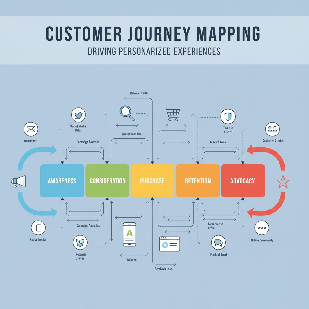 Infographic illustrating a detailed customer journey map with personalized touchpoints and data feedback.