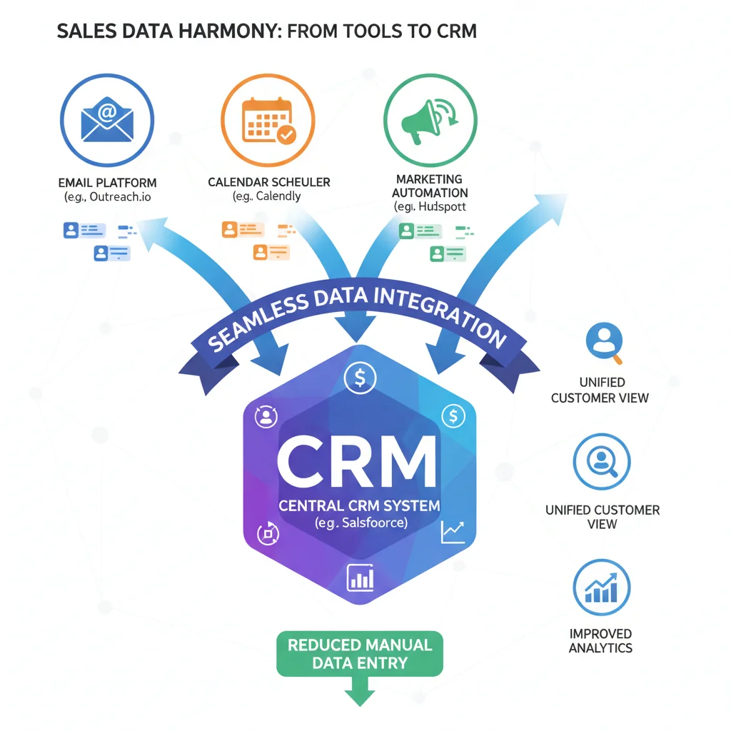Infographic illustrating seamless data flow and integration between sales tools and CRM.