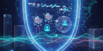 Digital shield protecting e-commerce data and customer profiles, symbolizing US privacy compliance by 2026.