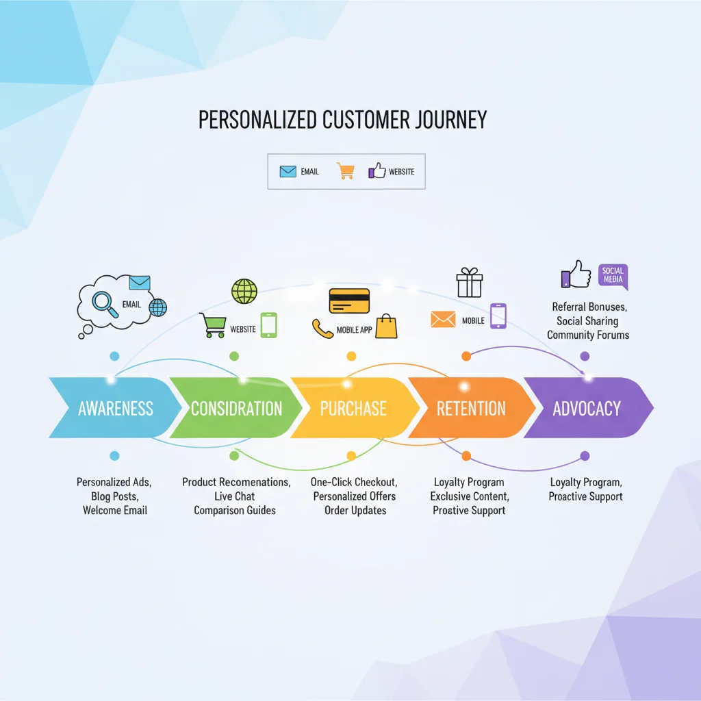Customer journey map with personalized touchpoints across multiple channels.