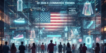 Futuristic digital storefront illustrating Q1 2026 e-commerce trends and consumer interaction