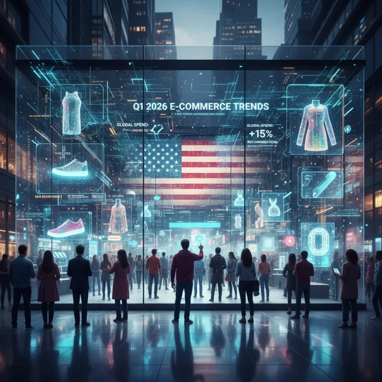 Futuristic digital storefront illustrating Q1 2026 e-commerce trends and consumer interaction