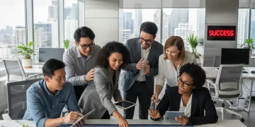 Sales team collaborating, analyzing sales data on a digital dashboard, showing increased productivity.