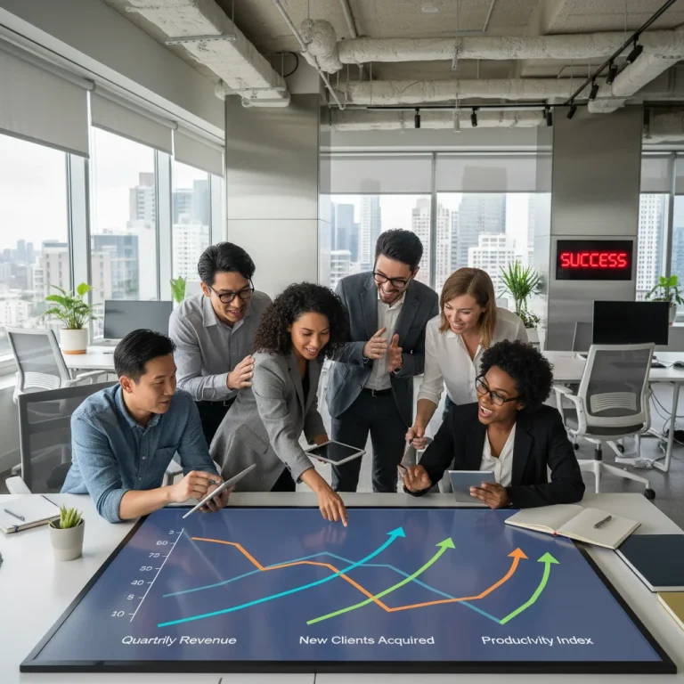 Sales team collaborating, analyzing sales data on a digital dashboard, showing increased productivity.