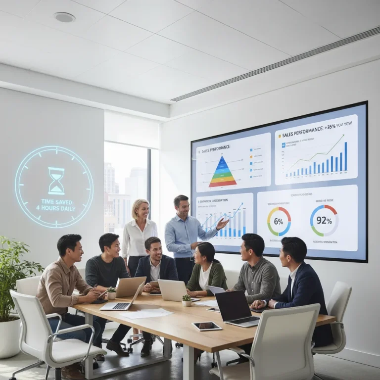 Sales team collaborating efficiently with integrated CRM systems in a modern office environment.