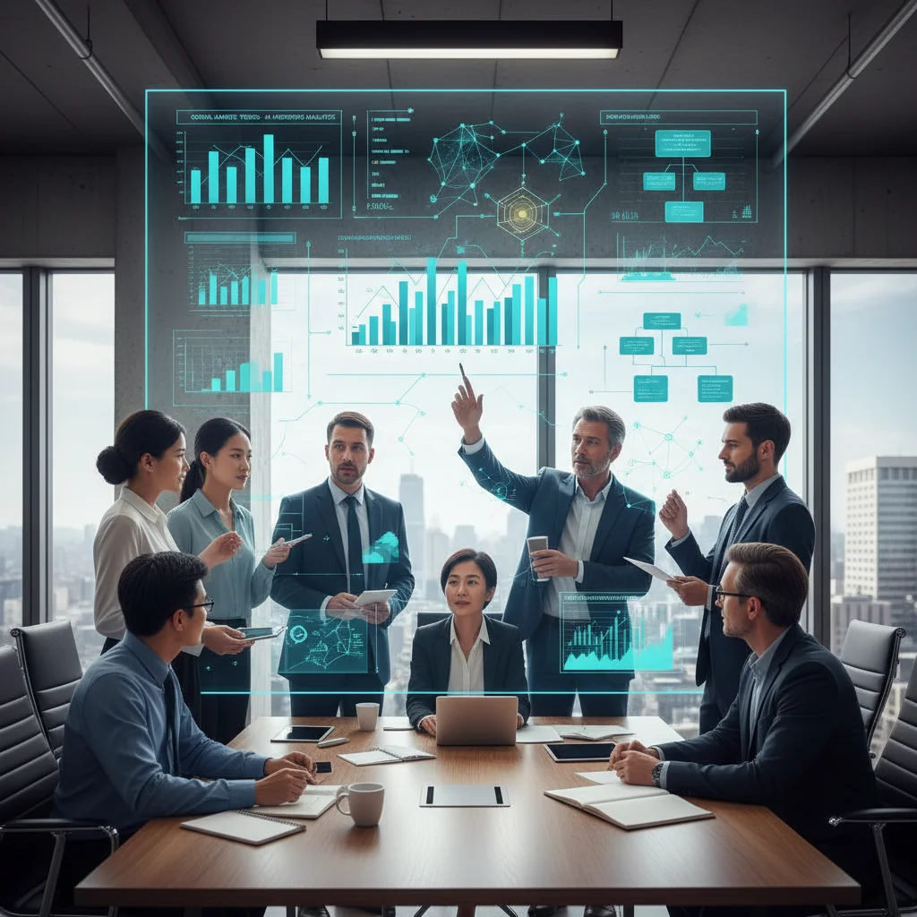 Business team collaborating on AI analytics implementation strategy