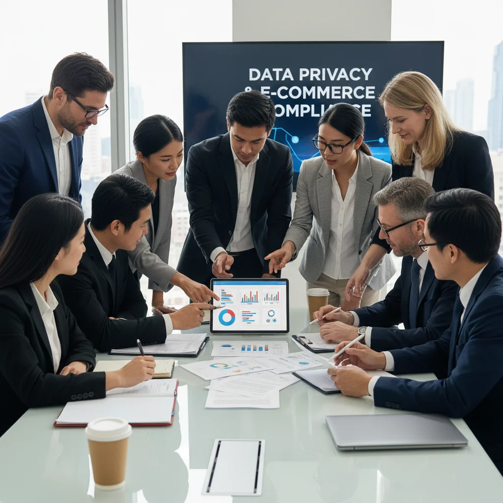 E-commerce team and legal experts collaborating on privacy policy updates and compliance strategies.