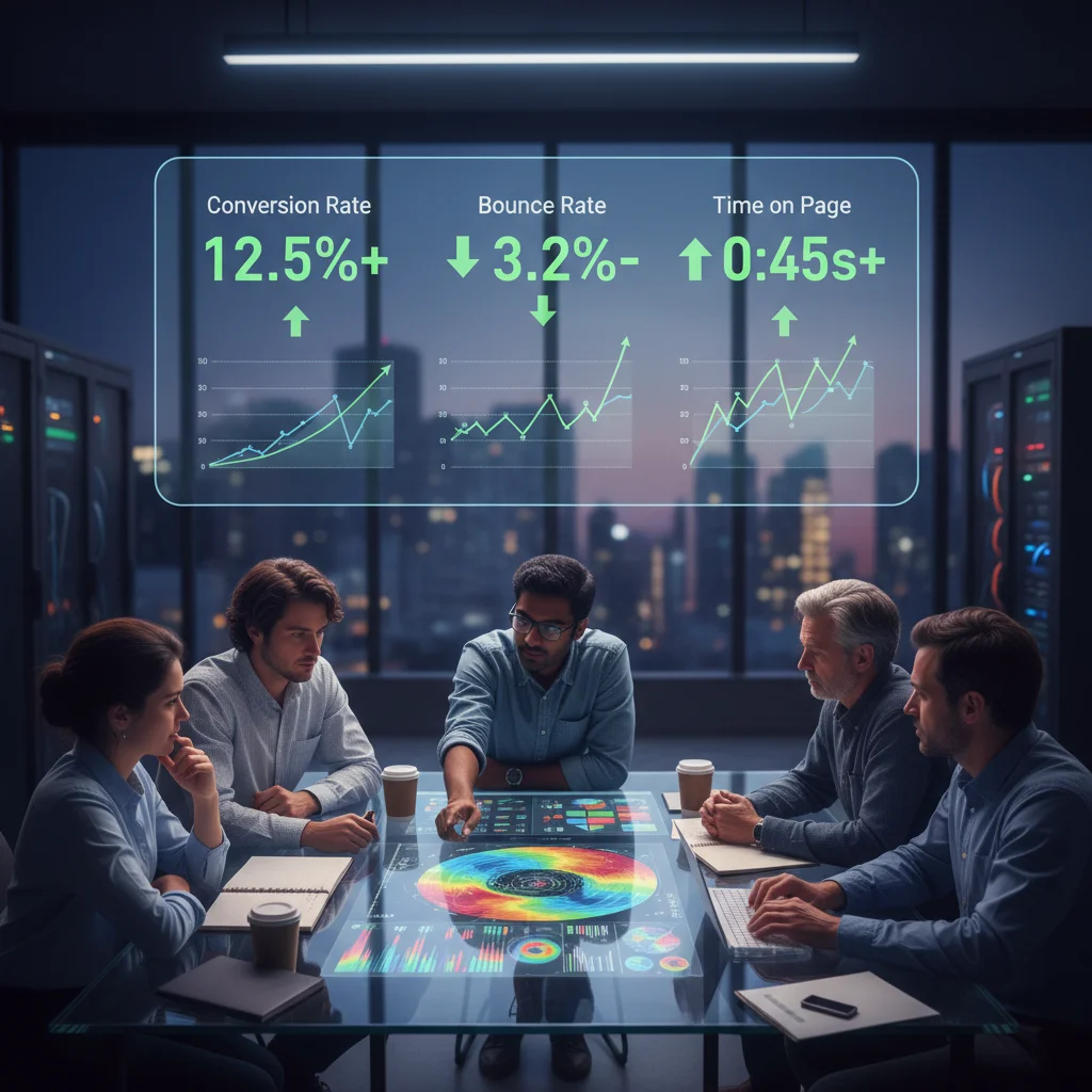 UX analytics dashboard with team collaborating on heatmap data