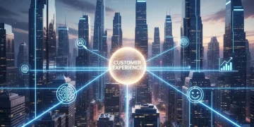 Futuristic cityscape with digital connections symbolizing data flow and customer experience in 2026.