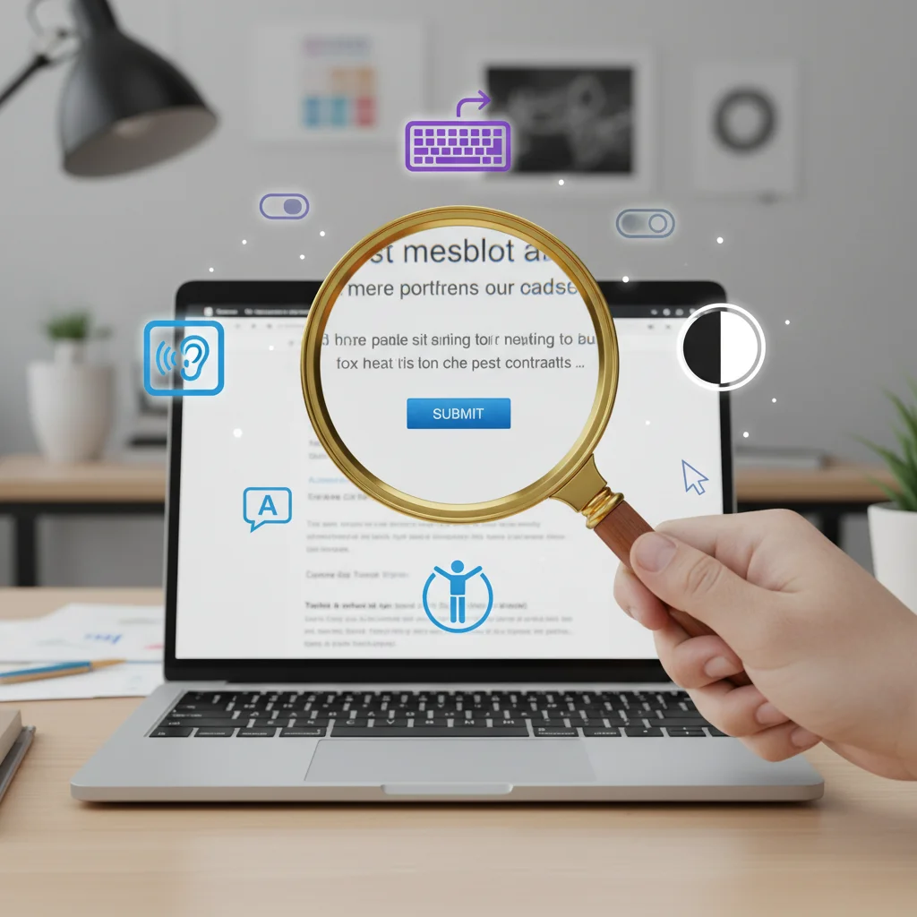 Magnifying glass over a laptop screen showing accessibility testing features and inclusive design.