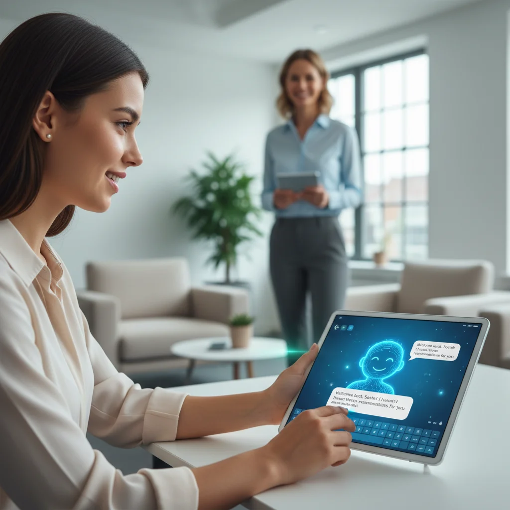 Customer interacting with an AI chatbot while a human agent waits, illustrating blended CX support.