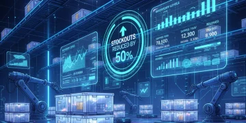 Automated warehouse with digital dashboards showing optimized inventory and reduced stockouts.