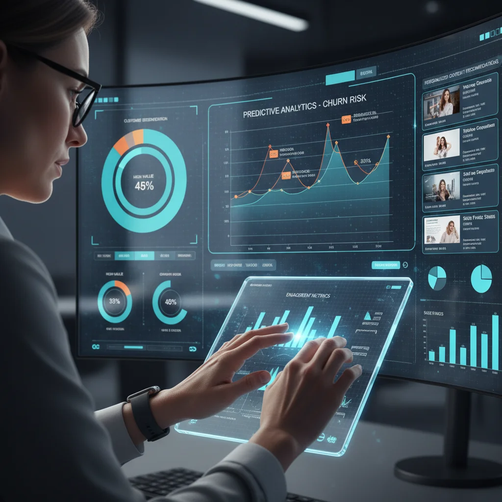 Sales professional analyzing a CRM dashboard with customer segmentation and predictive analytics for personalized engagement.