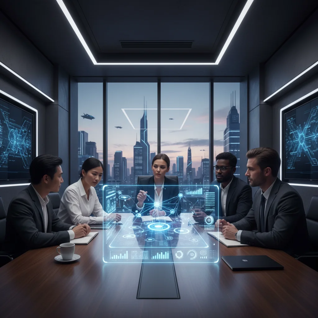 Business team analyzing customer journey maps and data analytics on a holographic display.