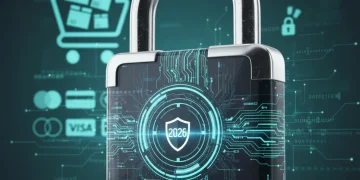 Futuristic digital padlock protecting e-commerce website data