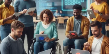 Diverse users engaging with accessible digital interfaces, highlighting the 2026 US accessibility mandate.