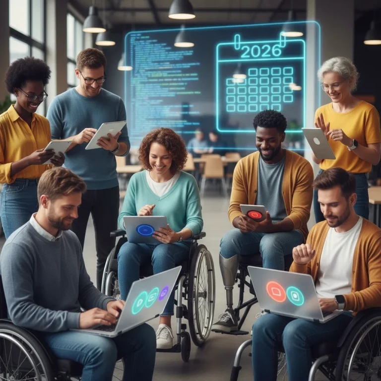 Diverse users engaging with accessible digital interfaces, highlighting the 2026 US accessibility mandate.