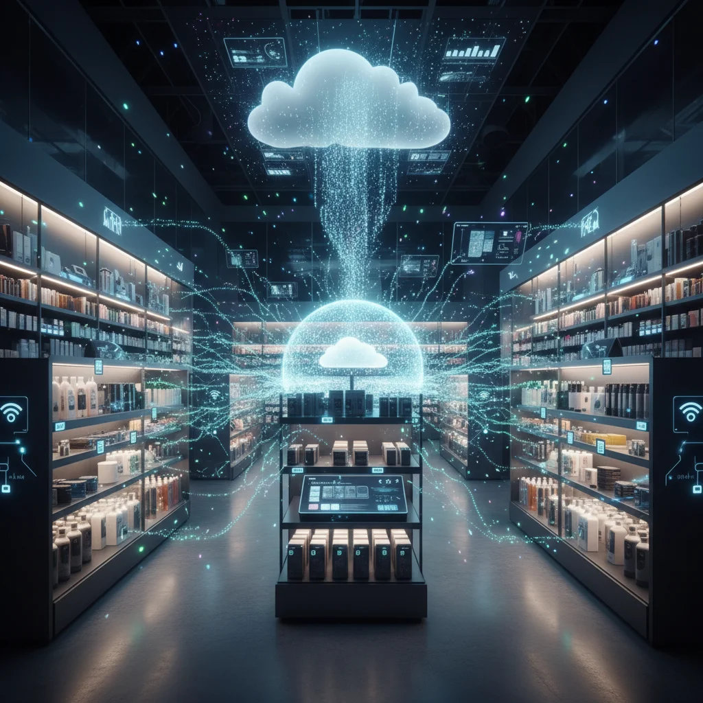 Interconnected IoT devices and sensors collecting inventory data in a smart warehouse.