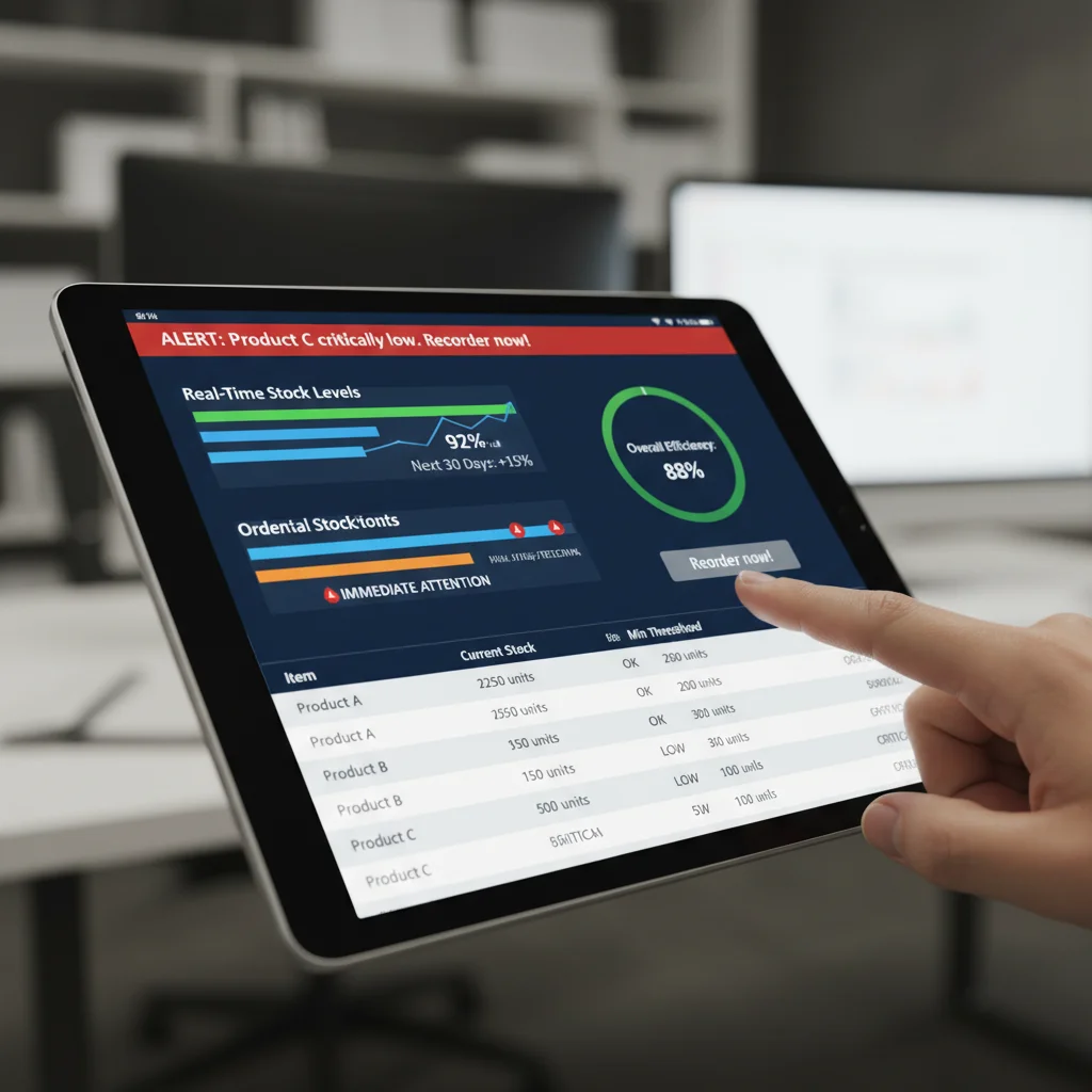 Tablet showing real-time inventory management software interface with predictive analytics.
