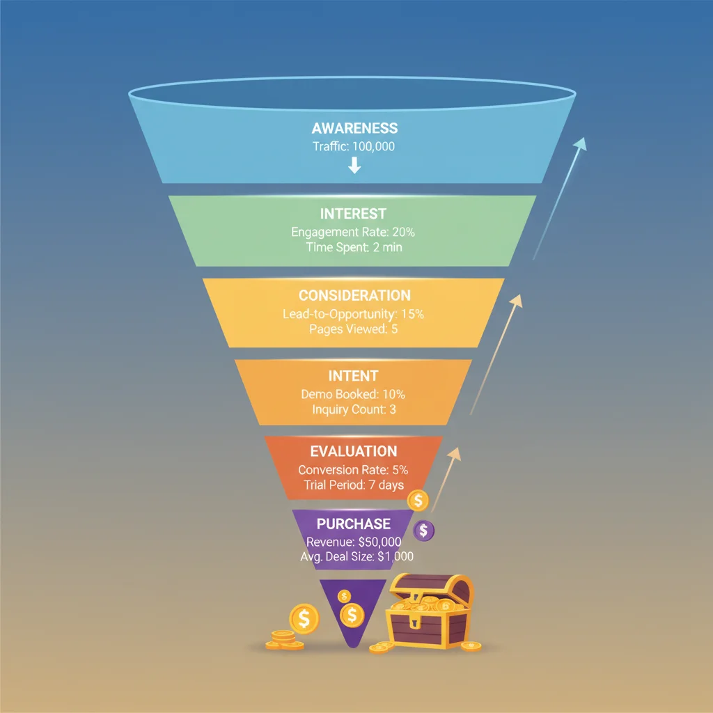 Detailed sales funnel illustrating conversion rates and time spent at each stage.