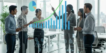 Sales team analyzing performance metrics on a digital dashboard for revenue growth in 2026.
