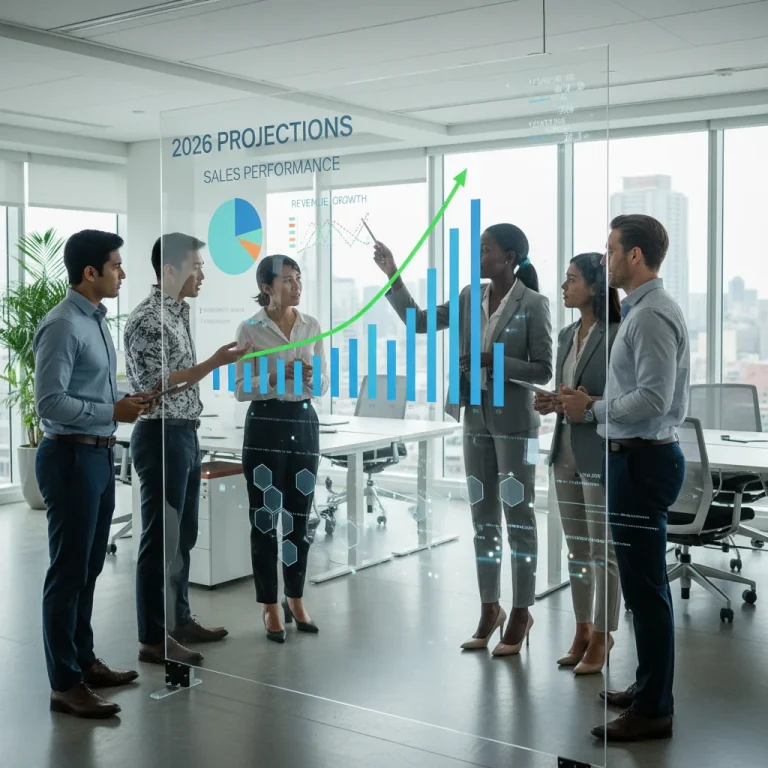 Sales team analyzing performance metrics on a digital dashboard for revenue growth in 2026.